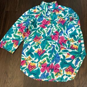 Patchington Vibrant Floral Button-Up Blouse in Teal, Pink, Blue, Yellow